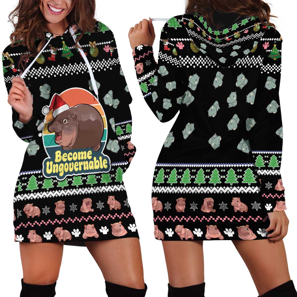 Christmas Become Ungovernable Moo Deng Hoodie Dress Humor Cute Baby Hippo Joke - Wonder Print Shop
