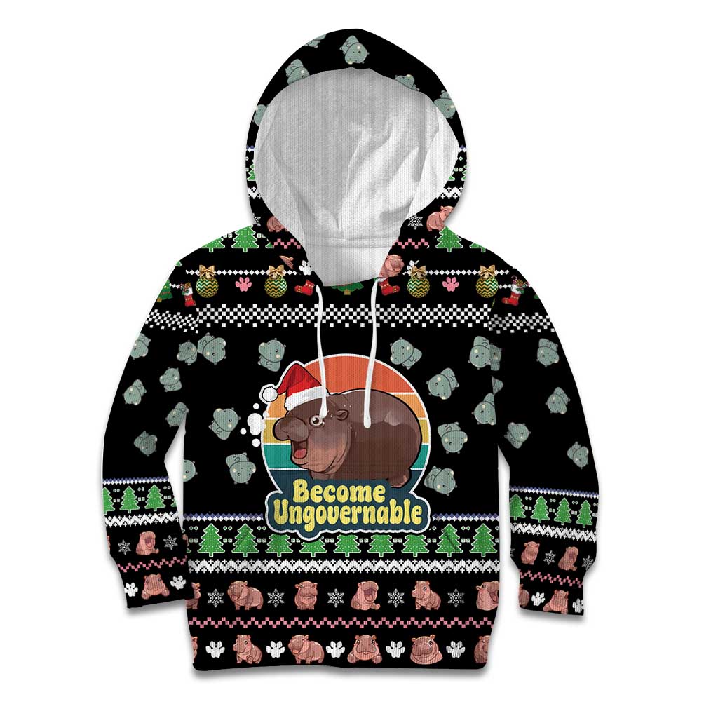 Christmas Become Ungovernable Moo Deng Kid Hoodie Humor Cute Baby Hippo Joke - Wonder Print Shop