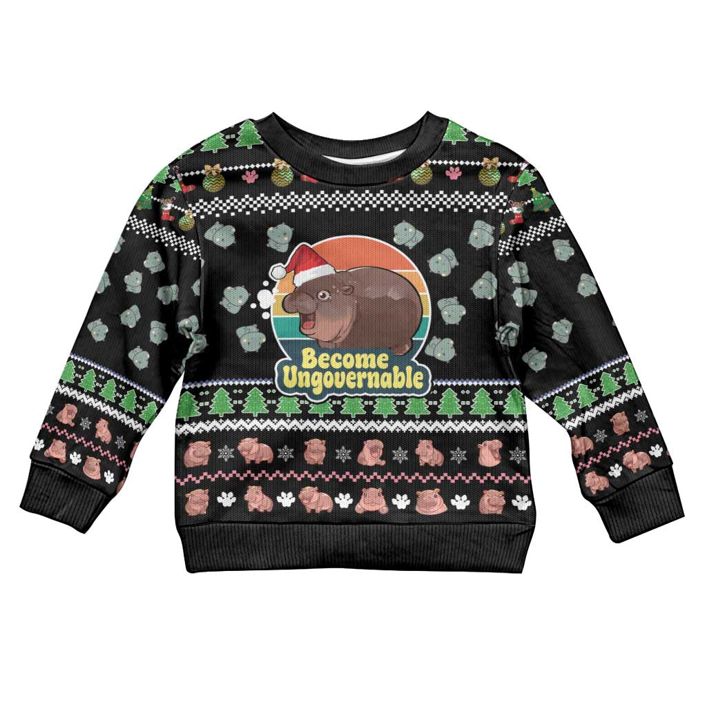 Christmas Become Ungovernable Moo Deng Kid Ugly Christmas Sweater Humor Cute Baby Hippo Joke - Wonder Print Shop