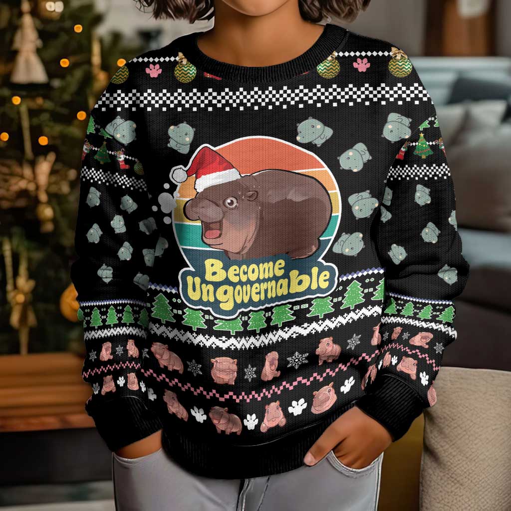 Christmas Become Ungovernable Moo Deng Kid Ugly Christmas Sweater Humor Cute Baby Hippo Joke - Wonder Print Shop
