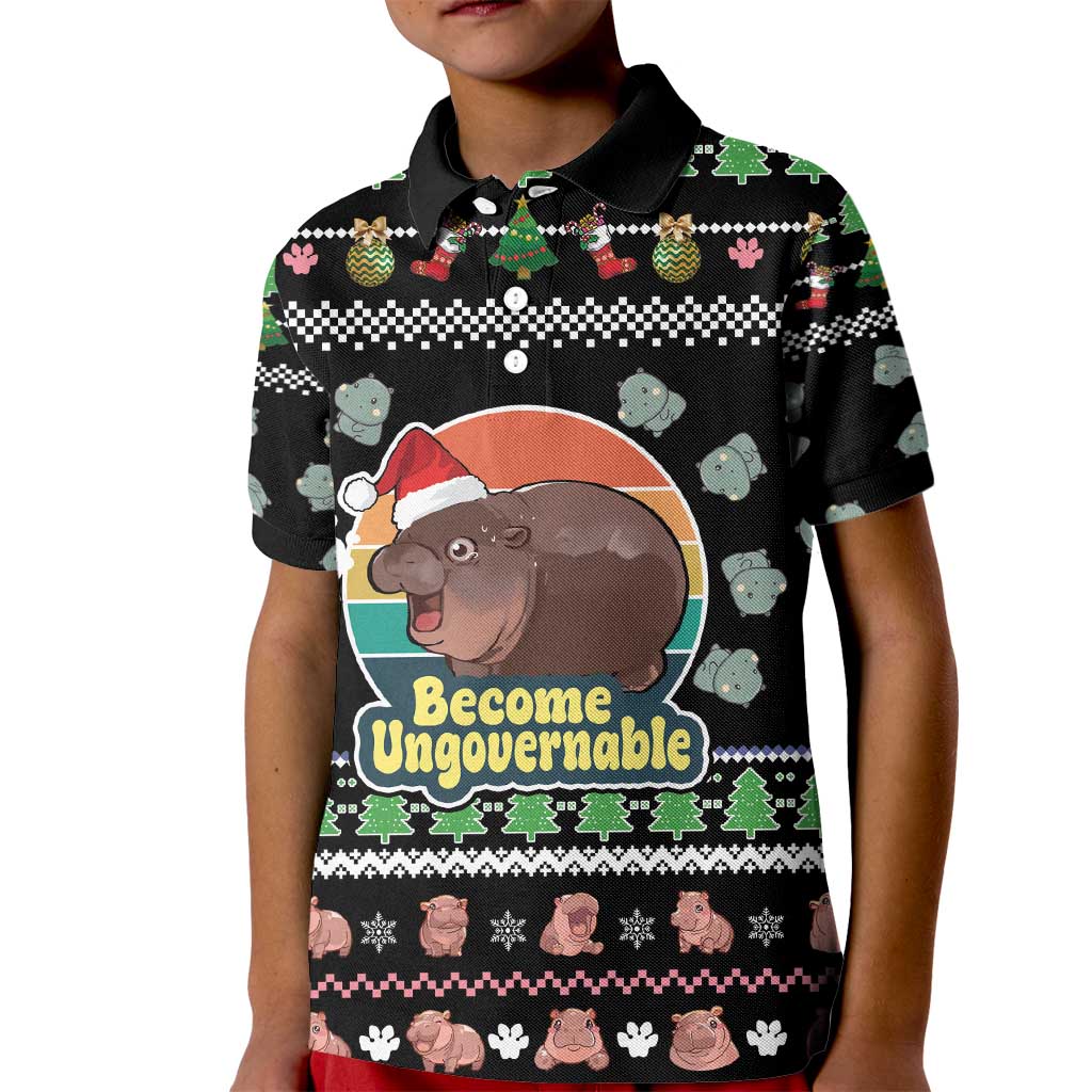 Christmas Become Ungovernable Moo Deng Kid Polo Shirt Humor Cute Baby Hippo Joke - Wonder Print Shop