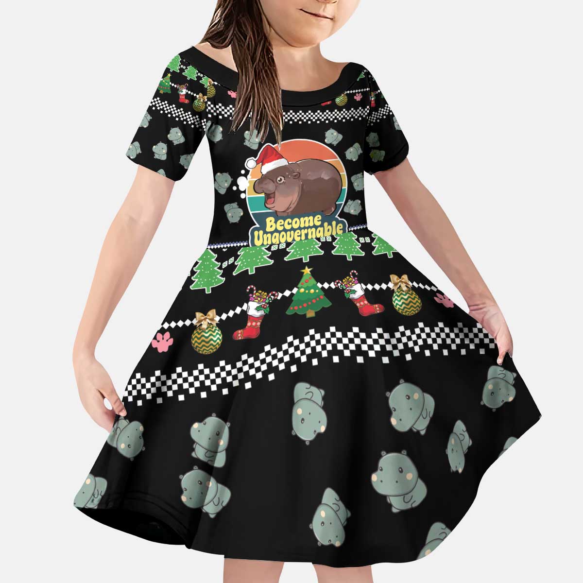 Christmas Become Ungovernable Moo Deng Kid Short Sleeve Dress Humor Cute Baby Hippo Joke - Wonder Print Shop