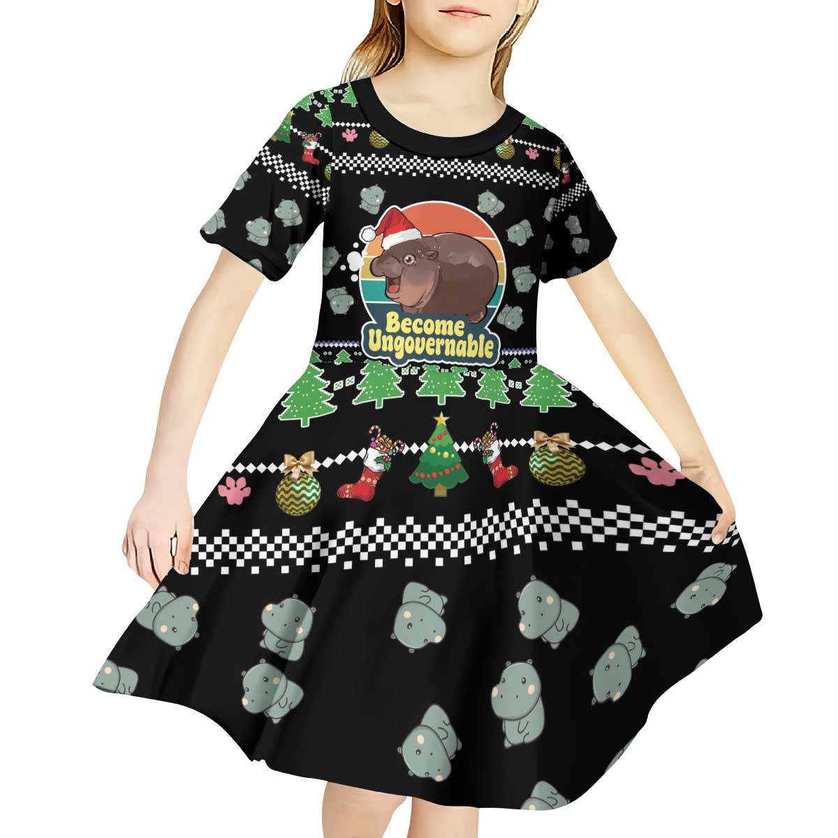 Christmas Become Ungovernable Moo Deng Kid Short Sleeve Dress Humor Cute Baby Hippo Joke - Wonder Print Shop