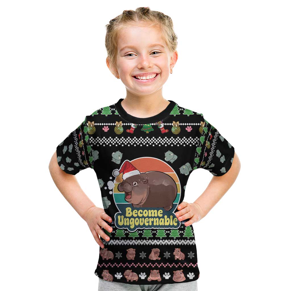 Christmas Become Ungovernable Moo Deng Kid T Shirt Humor Cute Baby Hippo Joke - Wonder Print Shop
