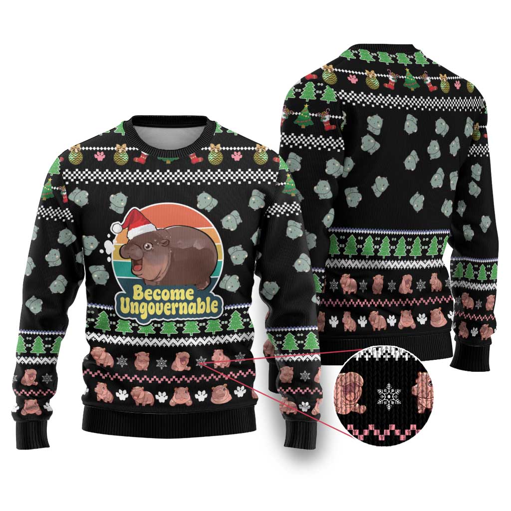 Christmas Become Ungovernable Moo Deng Ugly Christmas Sweater Humor Cute Baby Hippo Joke - Wonder Print Shop