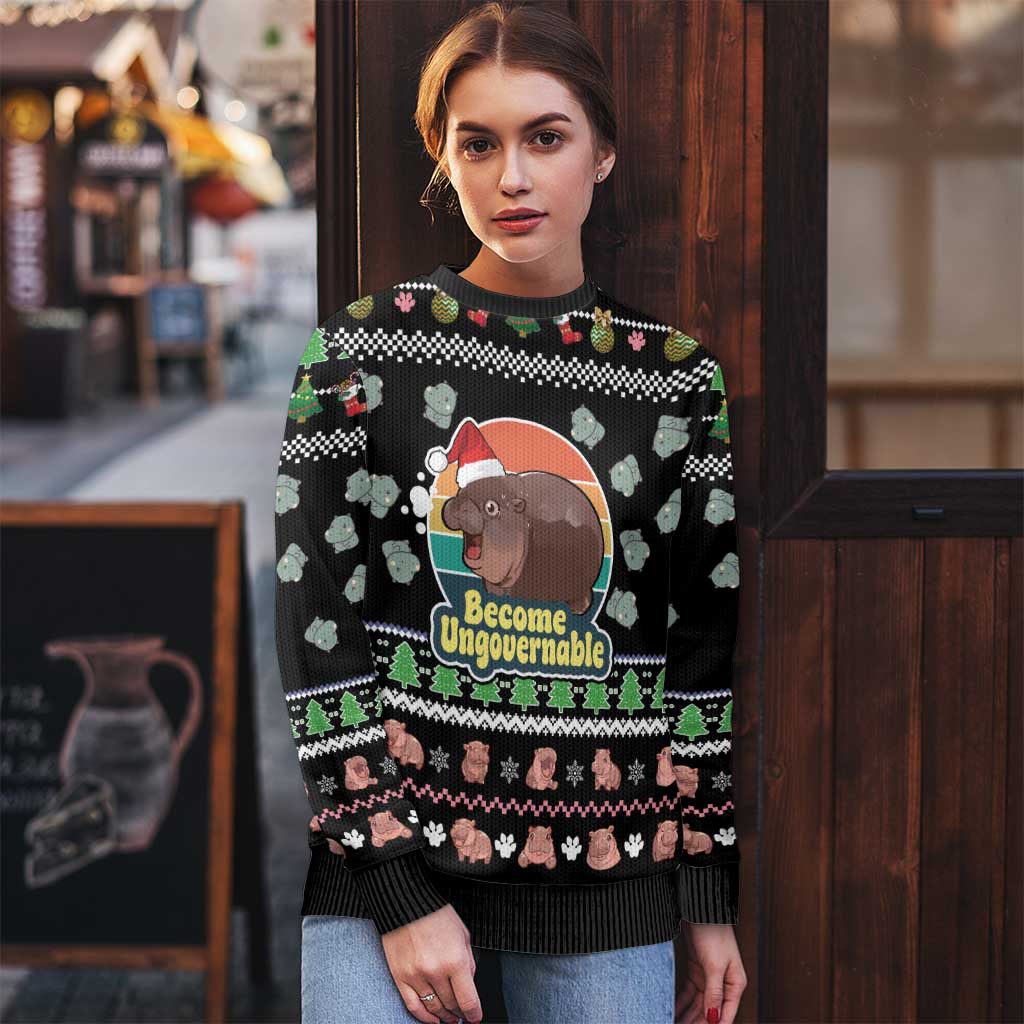 Christmas Become Ungovernable Moo Deng Ugly Christmas Sweater Humor Cute Baby Hippo Joke - Wonder Print Shop