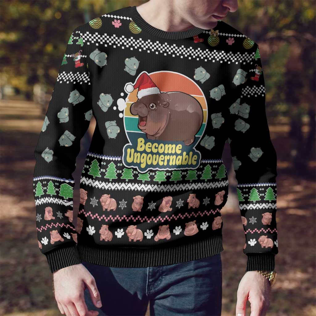 Christmas Become Ungovernable Moo Deng Ugly Christmas Sweater Humor Cute Baby Hippo Joke - Wonder Print Shop
