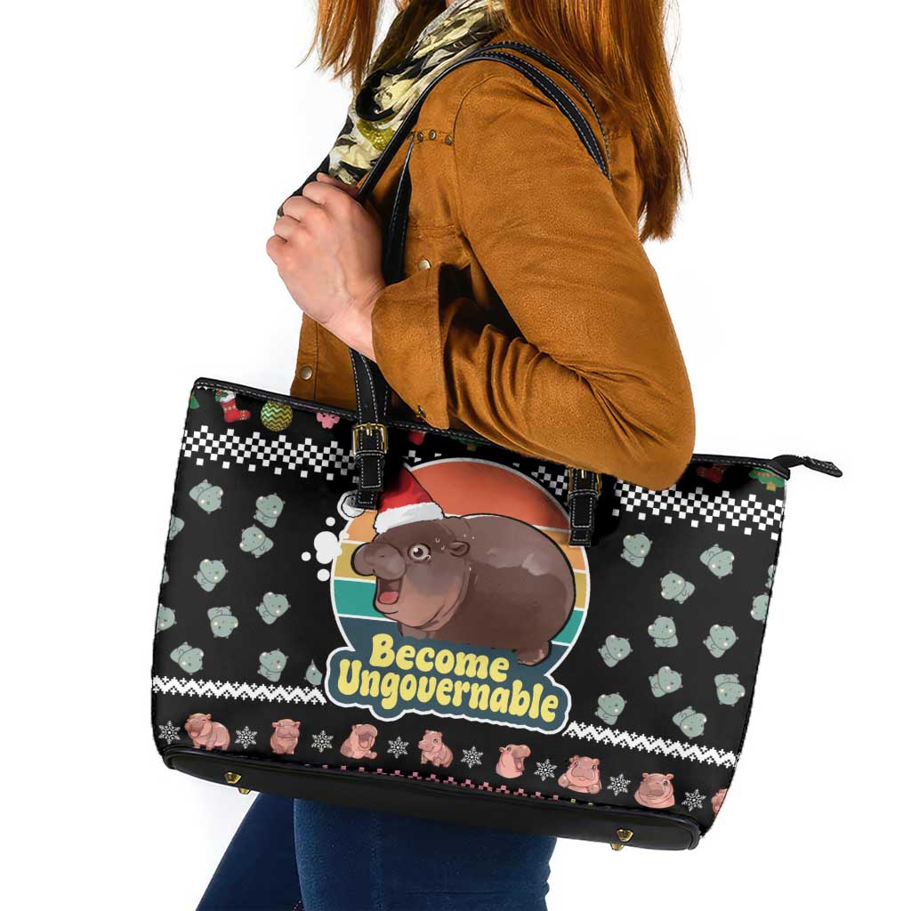 Christmas Become Ungovernable Moo Deng Leather Tote Bag Humor Cute Baby Hippo Joke - Wonder Print Shop