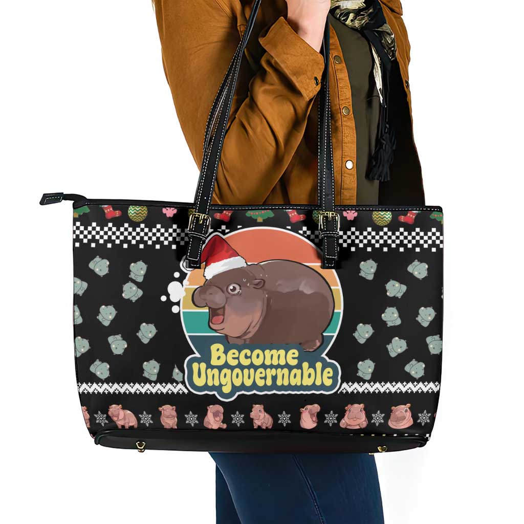 Christmas Become Ungovernable Moo Deng Leather Tote Bag Humor Cute Baby Hippo Joke - Wonder Print Shop