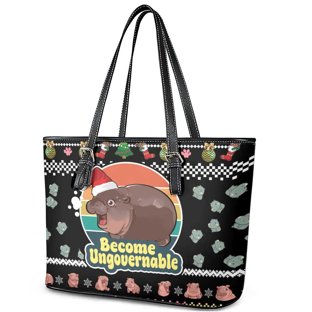 Christmas Become Ungovernable Moo Deng Leather Tote Bag Humor Cute Baby Hippo Joke - Wonder Print Shop