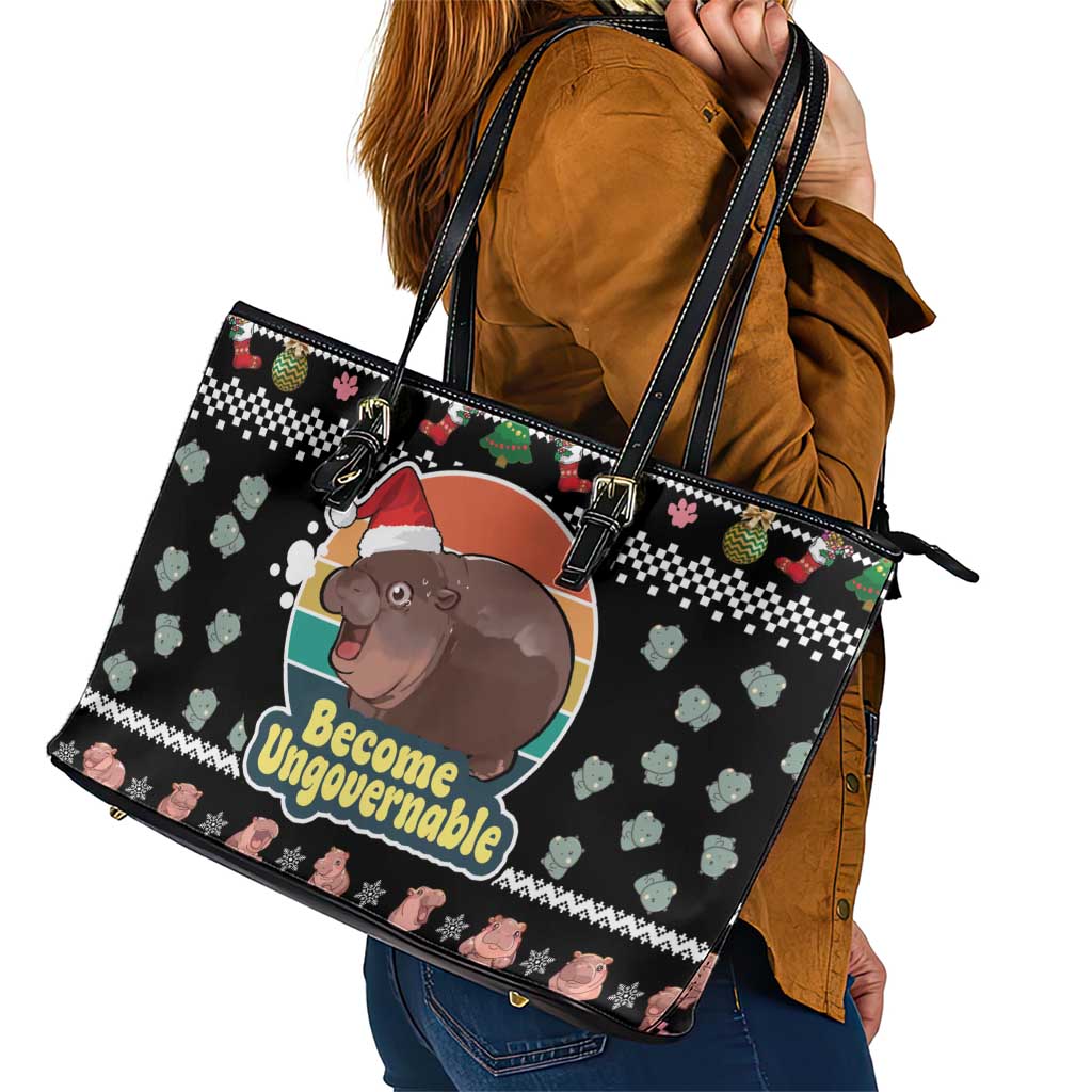 Christmas Become Ungovernable Moo Deng Leather Tote Bag Humor Cute Baby Hippo Joke - Wonder Print Shop