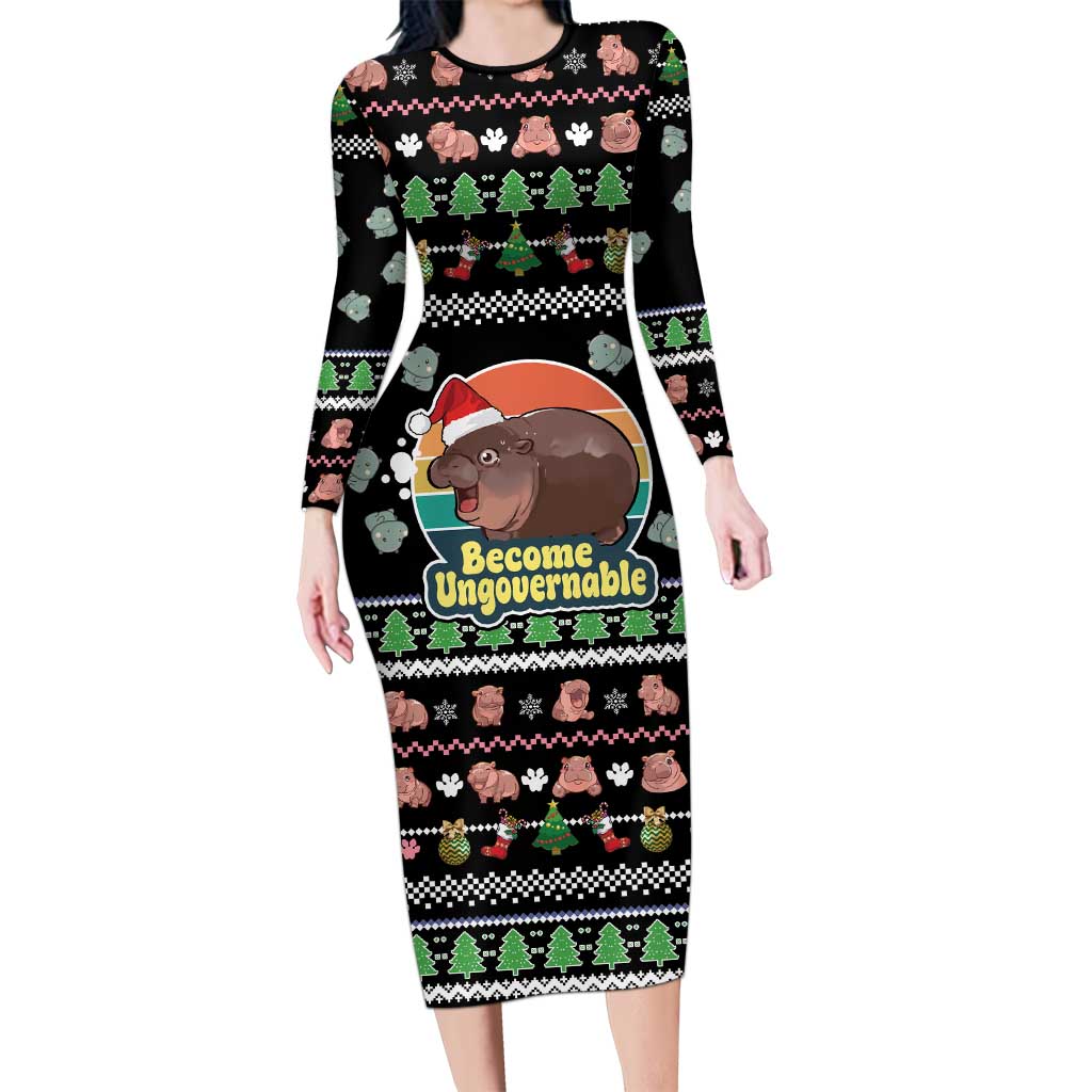 Christmas Become Ungovernable Moo Deng Long Sleeve Bodycon Dress Humor Cute Baby Hippo Joke - Wonder Print Shop