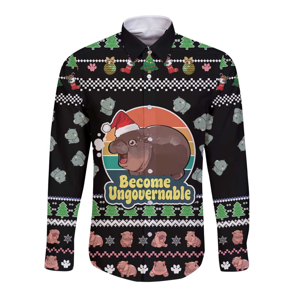 Christmas Become Ungovernable Moo Deng Long Sleeve Button Shirt Humor Cute Baby Hippo Joke - Wonder Print Shop