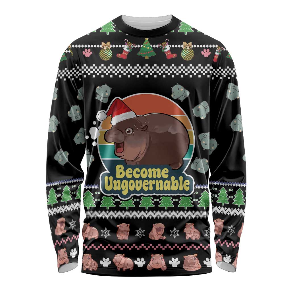 Christmas Become Ungovernable Moo Deng Long Sleeve Shirt Humor Cute Baby Hippo Joke - Wonder Print Shop
