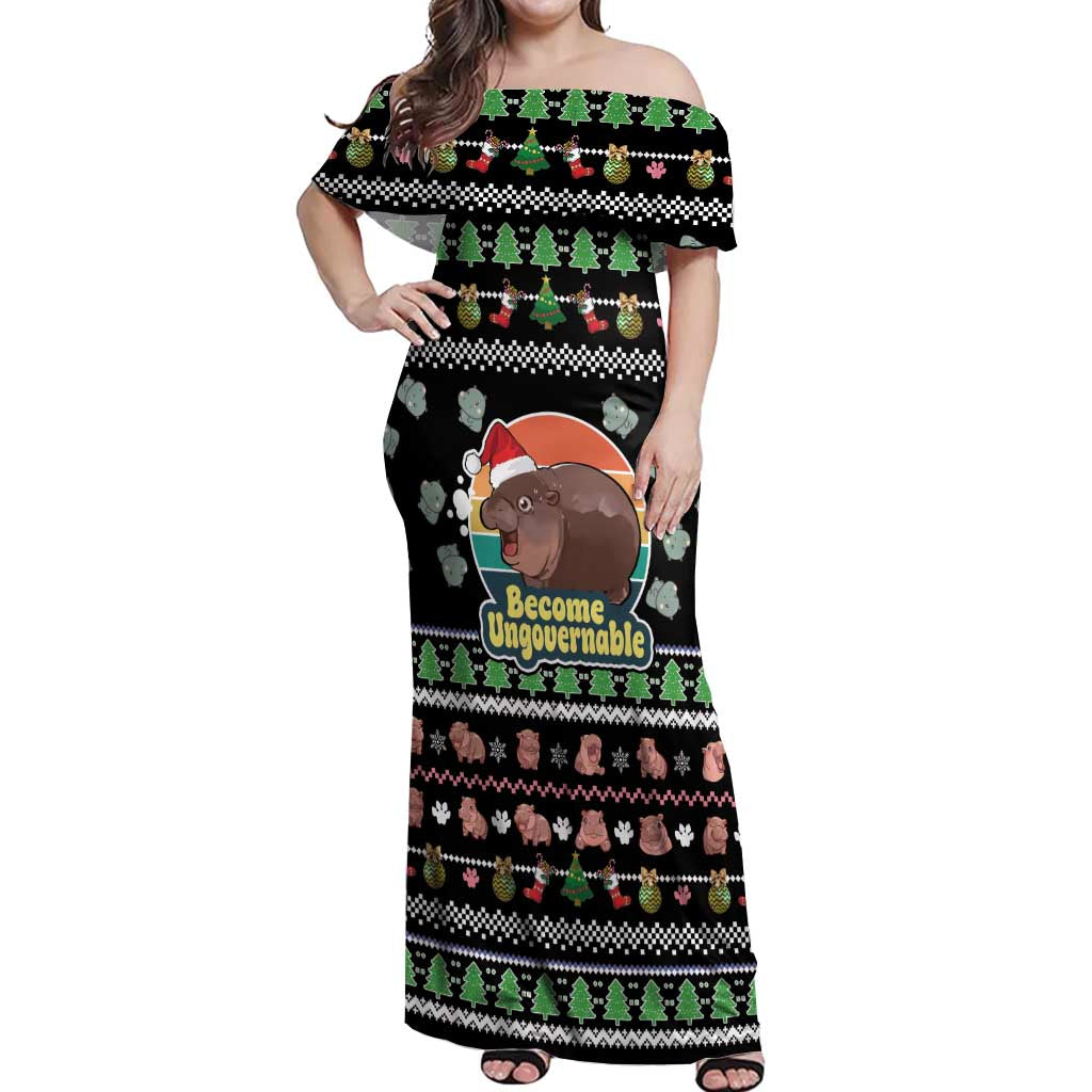 Christmas Become Ungovernable Moo Deng Off Shoulder Maxi Dress Humor Cute Baby Hippo Joke - Wonder Print Shop