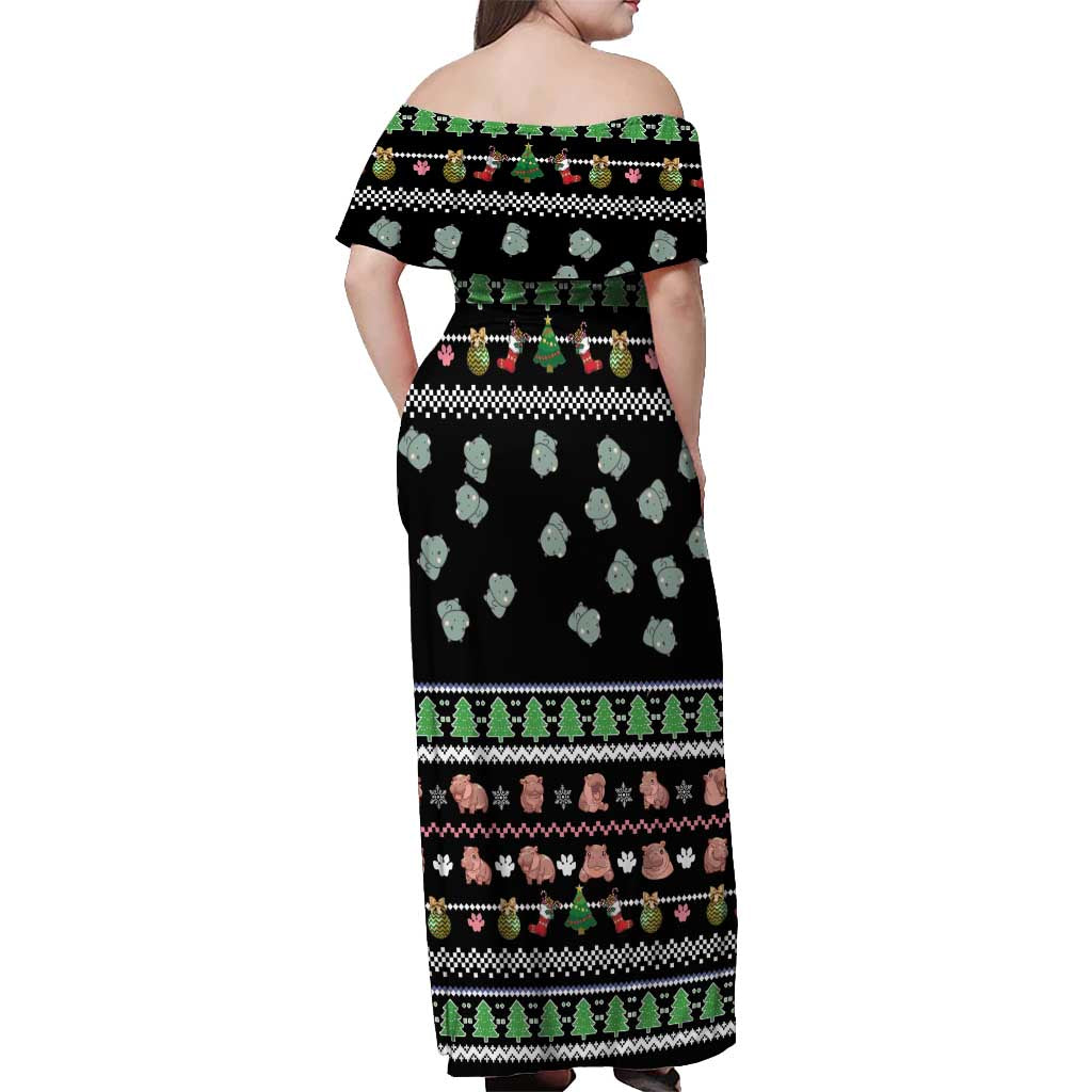 Christmas Become Ungovernable Moo Deng Off Shoulder Maxi Dress Humor Cute Baby Hippo Joke - Wonder Print Shop