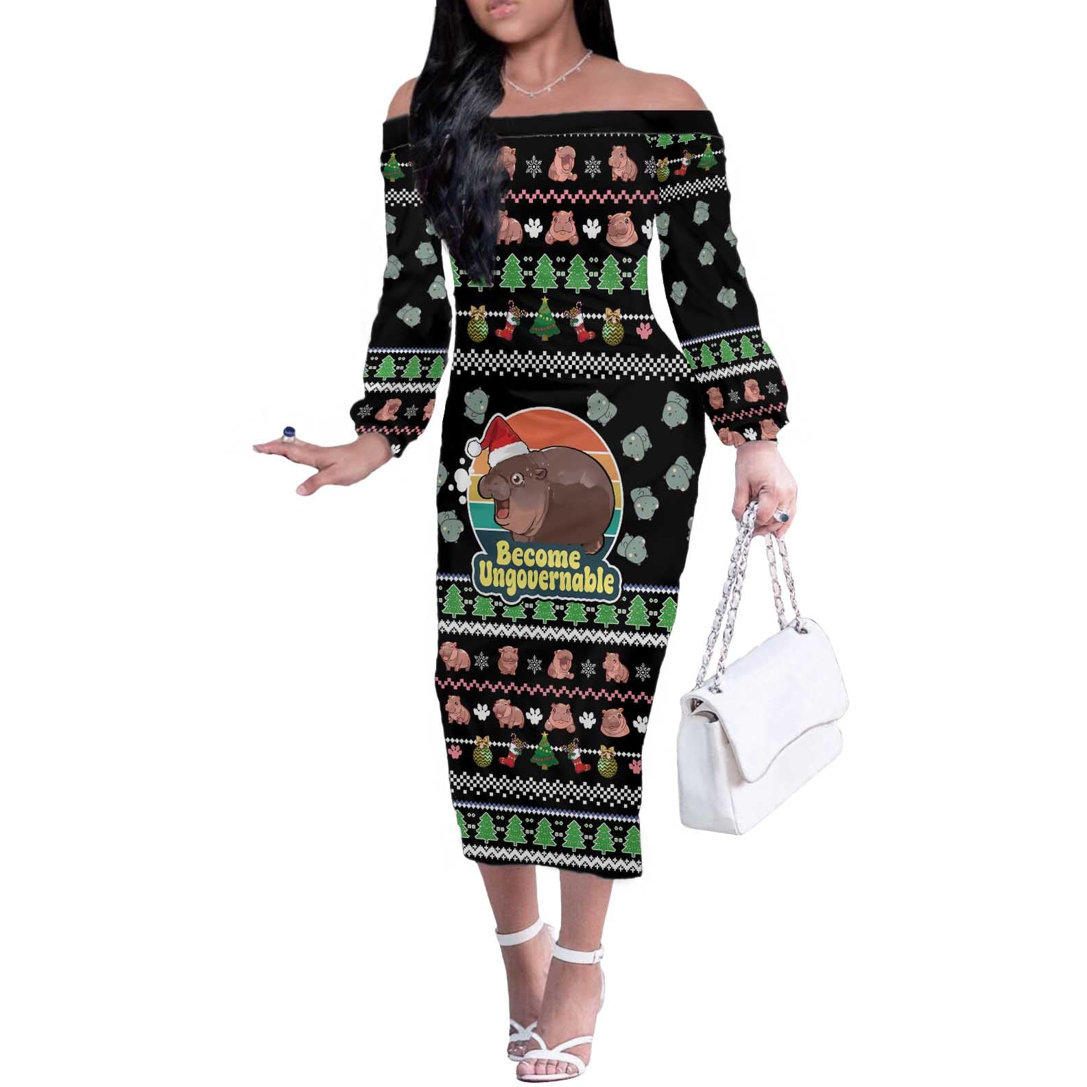 Christmas Become Ungovernable Moo Deng Off The Shoulder Long Sleeve Dress Humor Cute Baby Hippo Joke - Wonder Print Shop
