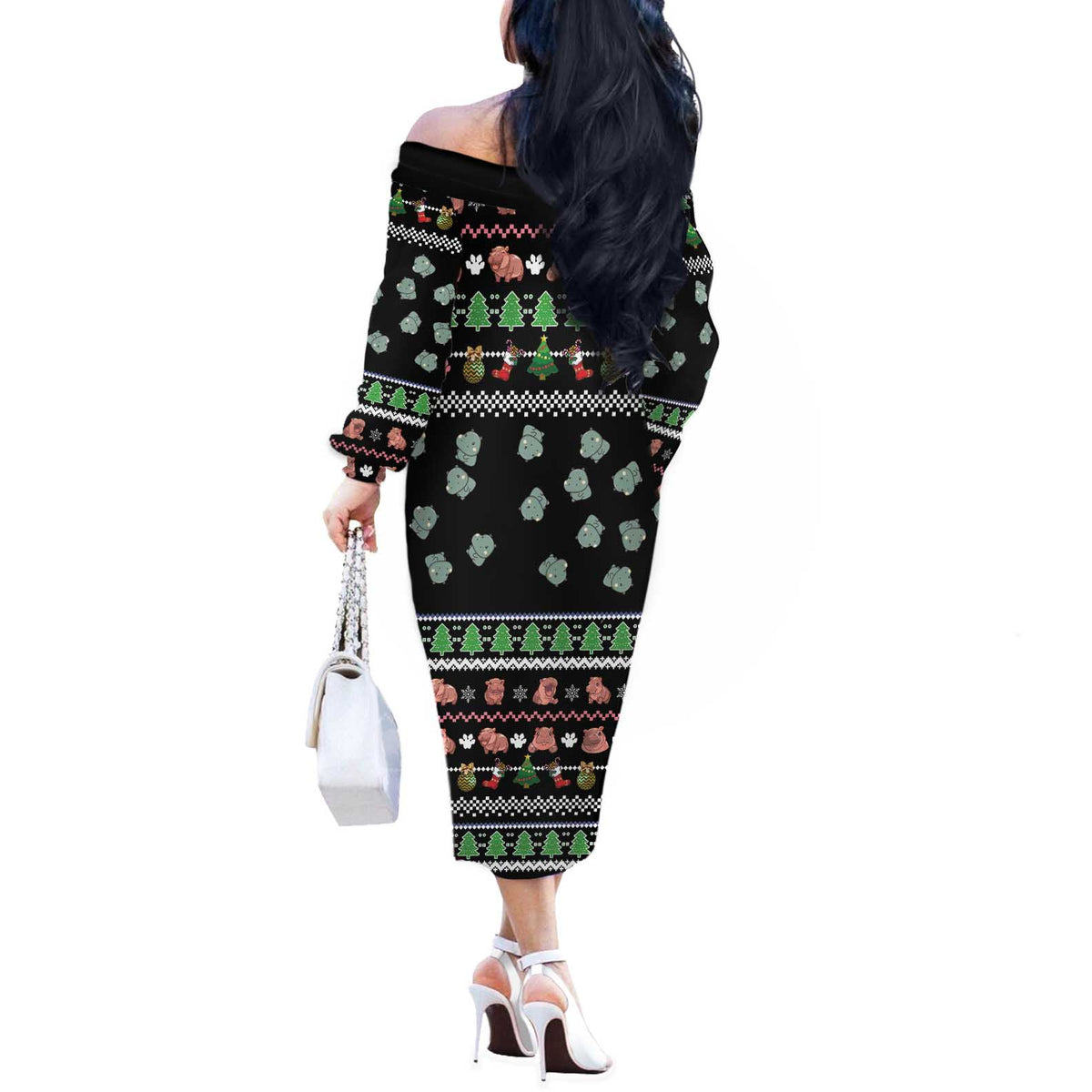 Christmas Become Ungovernable Moo Deng Off The Shoulder Long Sleeve Dress Humor Cute Baby Hippo Joke - Wonder Print Shop