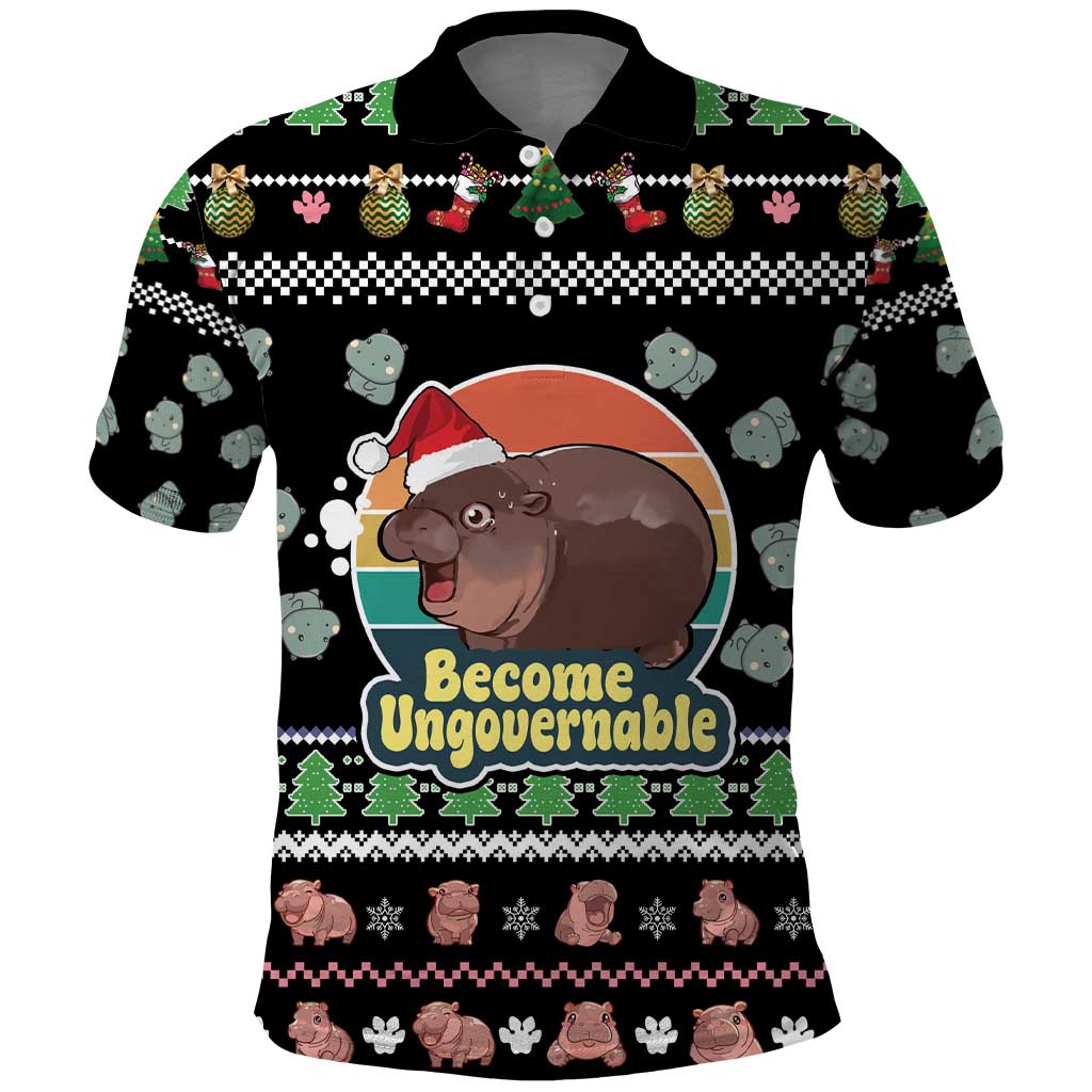 Christmas Become Ungovernable Moo Deng Polo Shirt Humor Cute Baby Hippo Joke - Wonder Print Shop