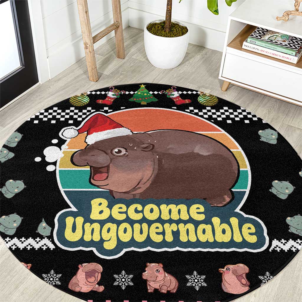 Christmas Become Ungovernable Moo Deng Round Carpet Humor Cute Baby Hippo Joke