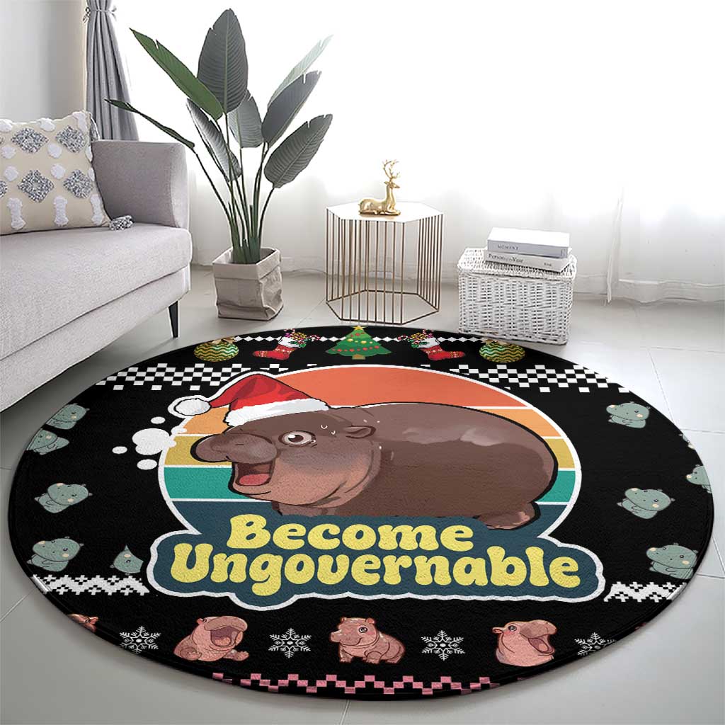 Christmas Become Ungovernable Moo Deng Round Carpet Humor Cute Baby Hippo Joke
