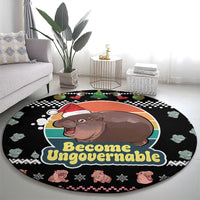 Christmas Become Ungovernable Moo Deng Round Carpet Humor Cute Baby Hippo Joke