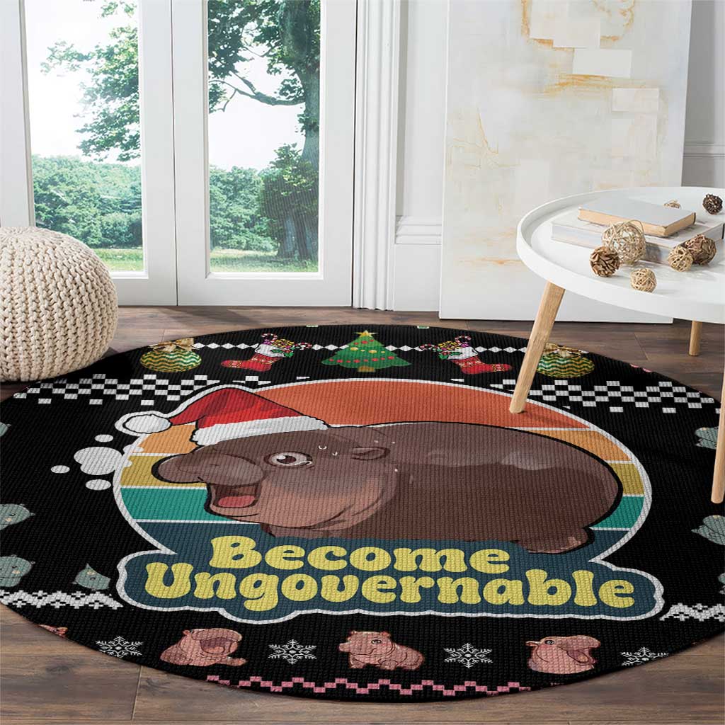 Christmas Become Ungovernable Moo Deng Round Carpet Humor Cute Baby Hippo Joke