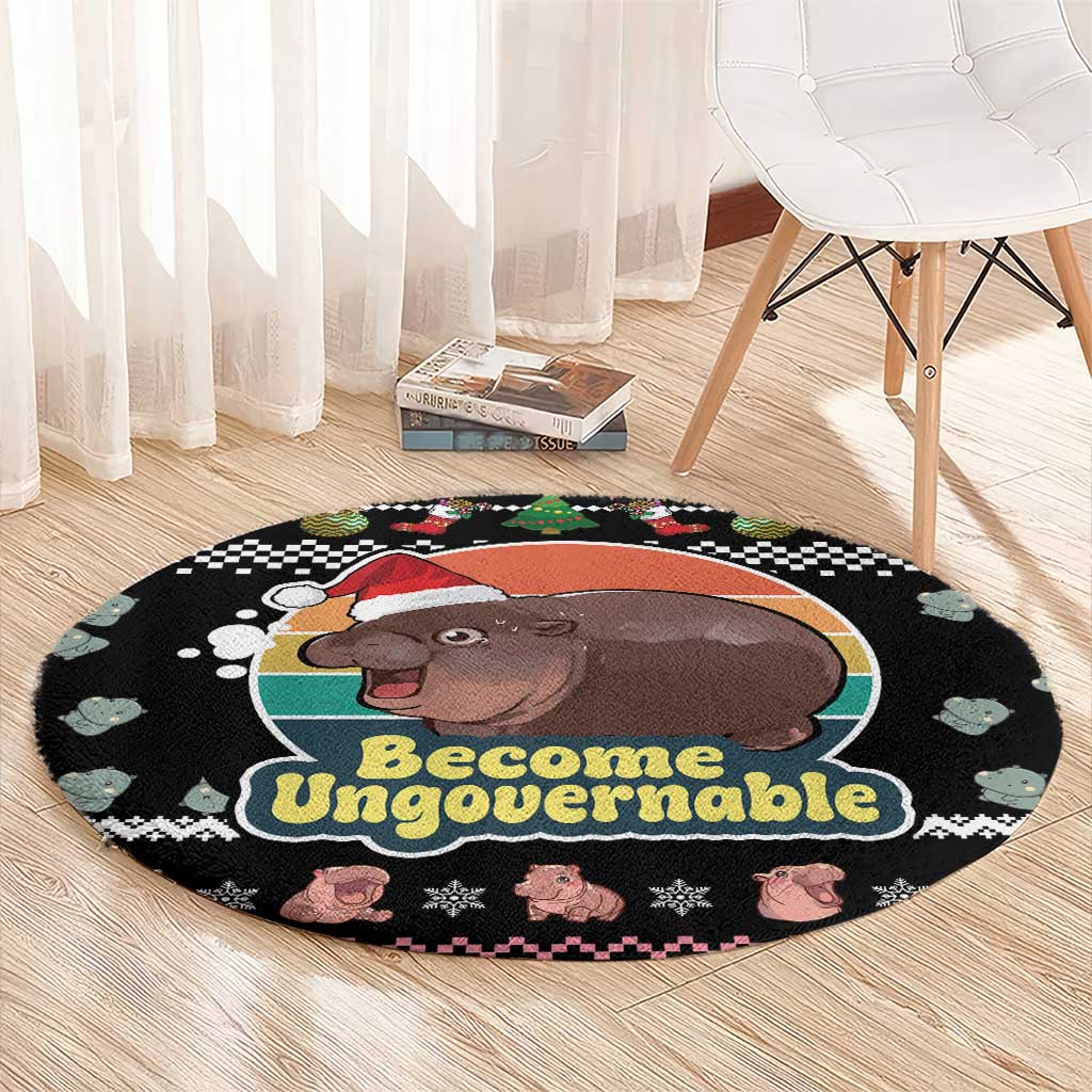 Christmas Become Ungovernable Moo Deng Round Carpet Humor Cute Baby Hippo Joke