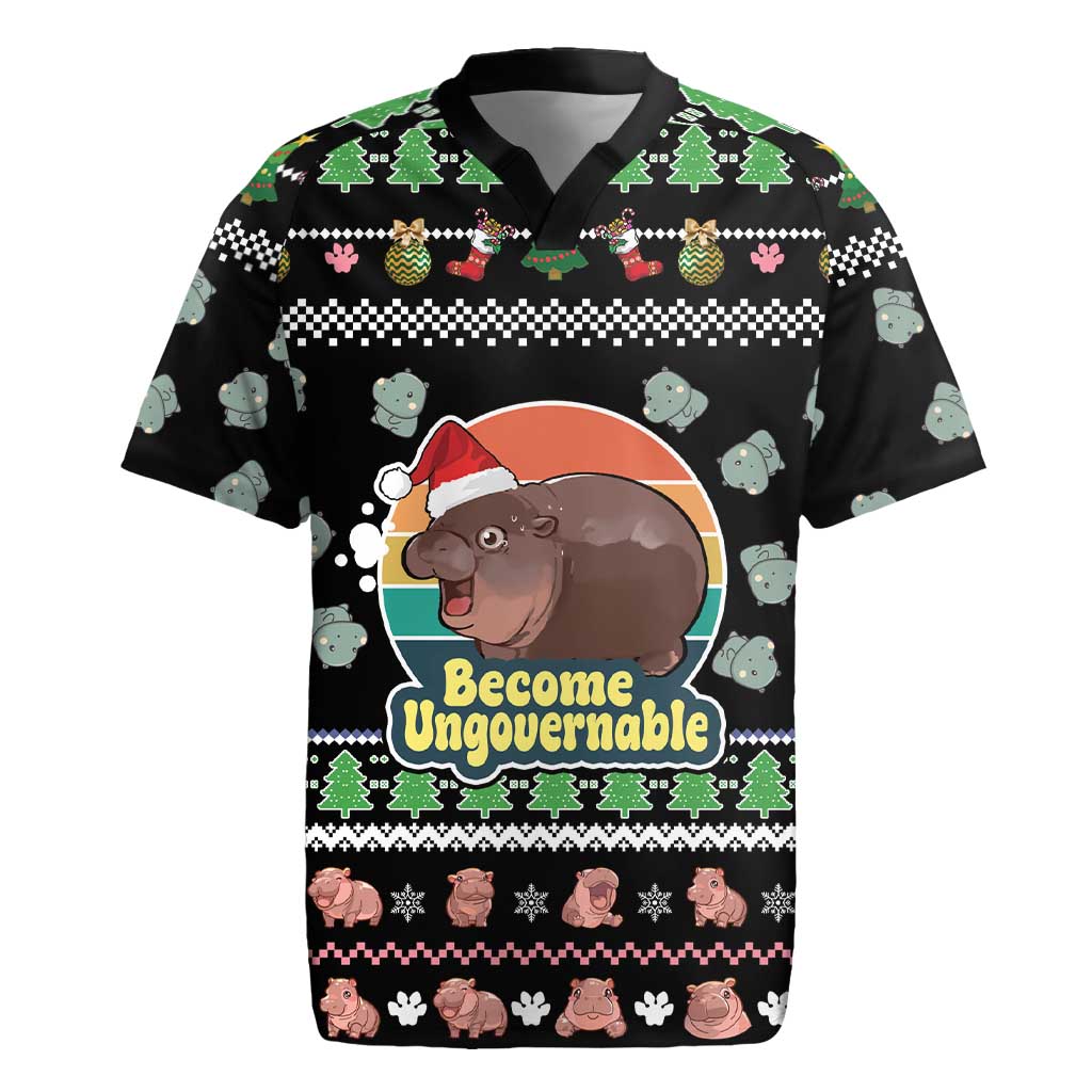 Christmas Become Ungovernable Moo Deng Rugby Jersey Humor Cute Baby Hippo Joke - Wonder Print Shop