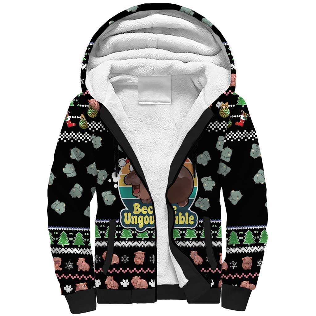 Christmas Become Ungovernable Moo Deng Sherpa Hoodie Humor Cute Baby Hippo Joke - Wonder Print Shop
