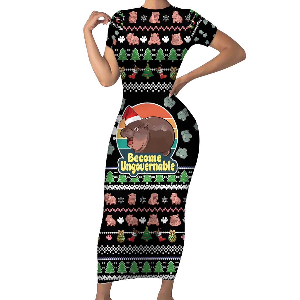 Christmas Become Ungovernable Moo Deng Short Sleeve Bodycon Dress Humor Cute Baby Hippo Joke - Wonder Print Shop