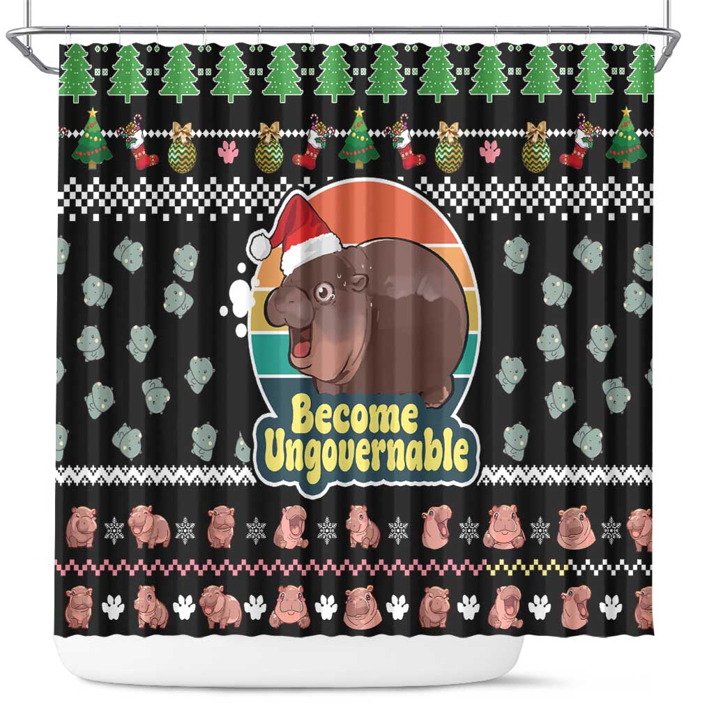 Christmas Become Ungovernable Moo Deng Shower Curtain Humor Cute Baby Hippo Joke
