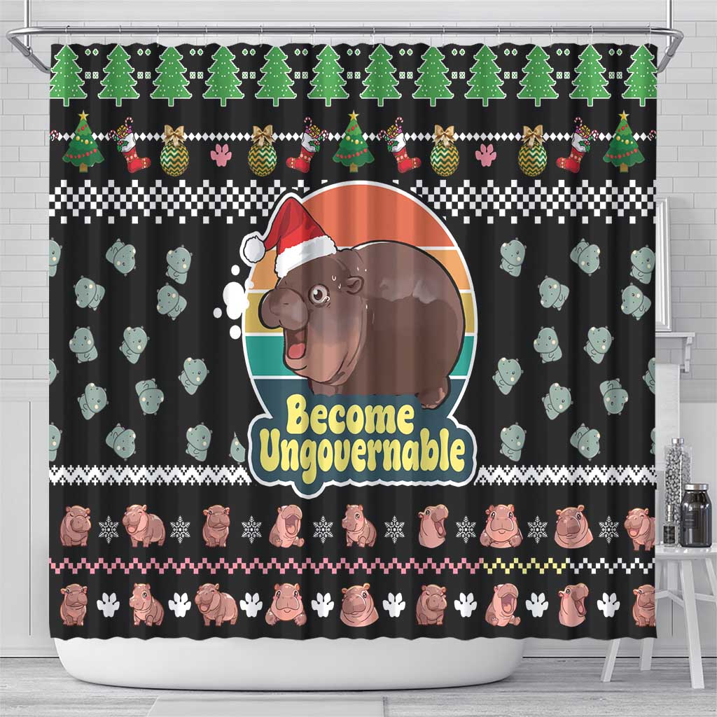 Christmas Become Ungovernable Moo Deng Shower Curtain Humor Cute Baby Hippo Joke