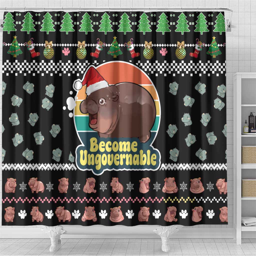 Christmas Become Ungovernable Moo Deng Shower Curtain Humor Cute Baby Hippo Joke