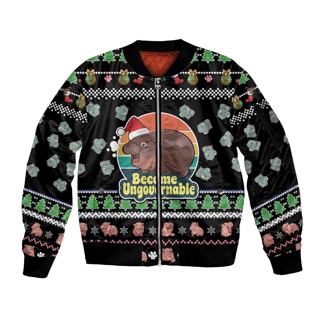 Christmas Become Ungovernable Moo Deng Sleeve Zip Bomber Jacket Humor Cute Baby Hippo Joke - Wonder Print Shop