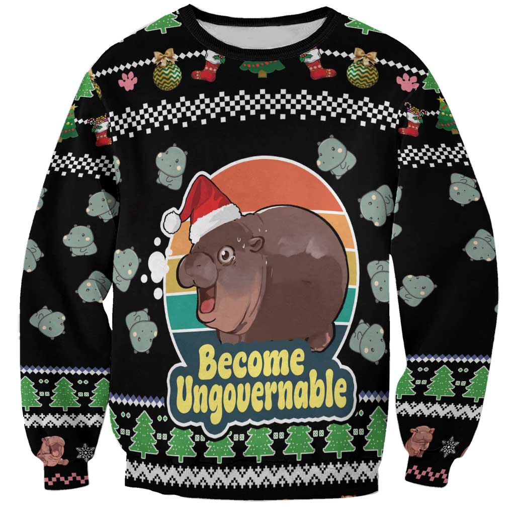 Christmas Become Ungovernable Moo Deng Sweatshirt Humor Cute Baby Hippo Joke - Wonder Print Shop