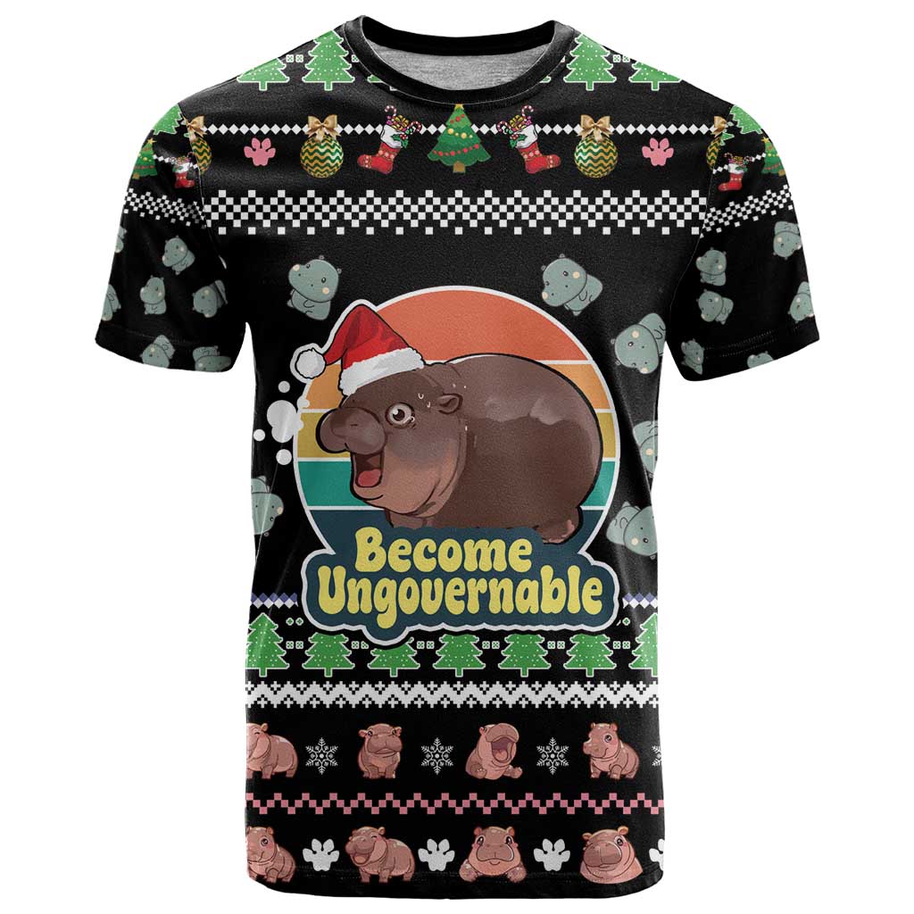 Christmas Become Ungovernable Moo Deng T Shirt Humor Cute Baby Hippo Joke - Wonder Print Shop