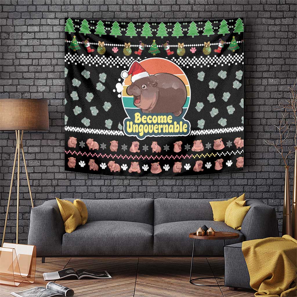 Christmas Become Ungovernable Moo Deng Tapestry Humor Cute Baby Hippo Joke - Wonder Print Shop