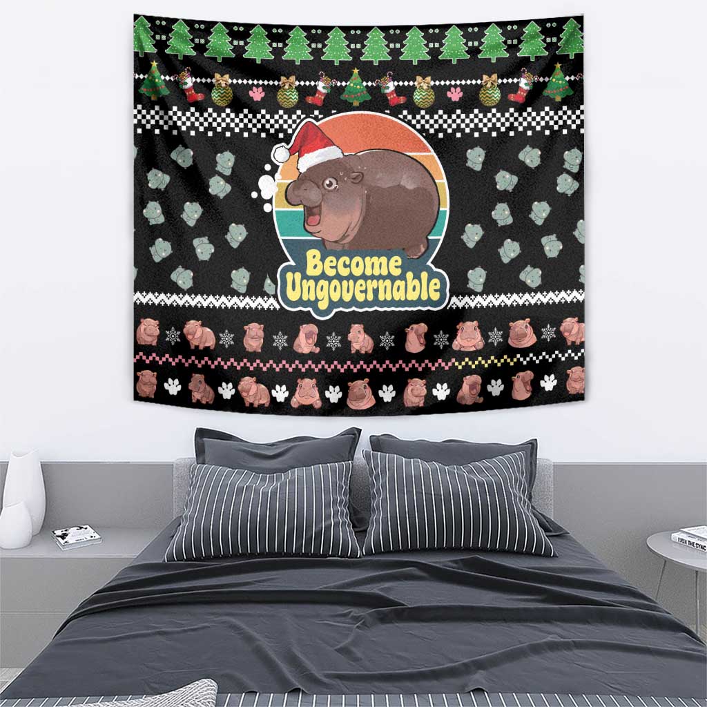 Christmas Become Ungovernable Moo Deng Tapestry Humor Cute Baby Hippo Joke - Wonder Print Shop