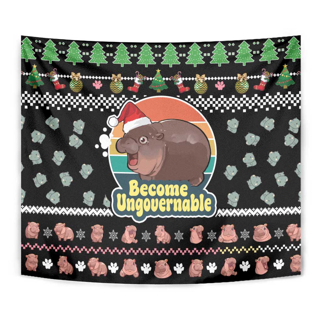 Christmas Become Ungovernable Moo Deng Tapestry Humor Cute Baby Hippo Joke - Wonder Print Shop