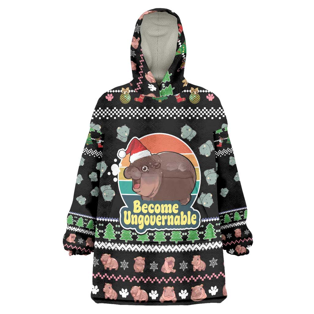 Christmas Become Ungovernable Moo Deng Wearable Blanket Hoodie Humor Cute Baby Hippo Joke - Wonder Print Shop