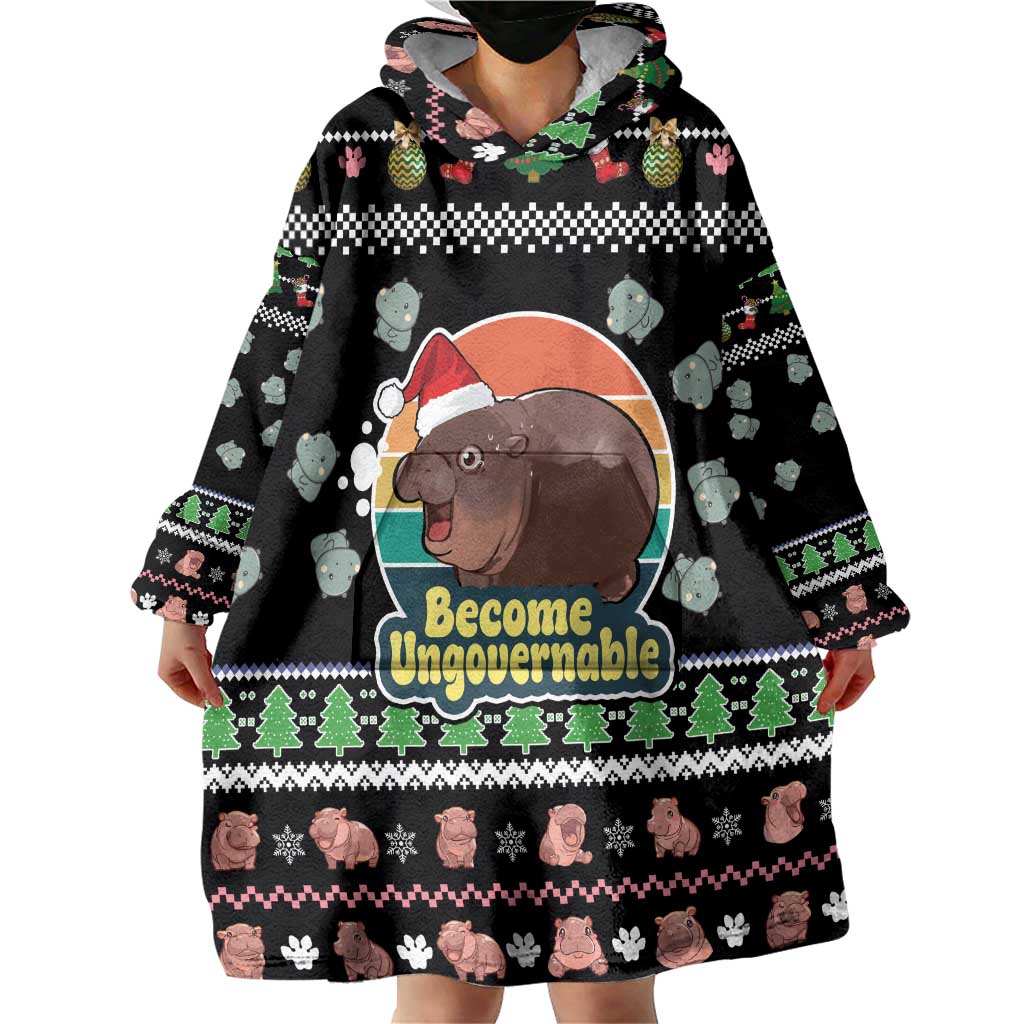 Christmas Become Ungovernable Moo Deng Wearable Blanket Hoodie Humor Cute Baby Hippo Joke - Wonder Print Shop