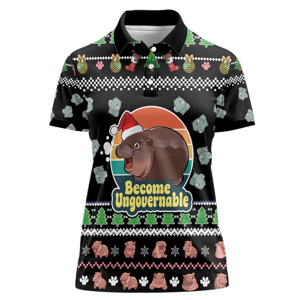 Christmas Become Ungovernable Moo Deng Women Polo Shirt Humor Cute Baby Hippo Joke - Wonder Print Shop