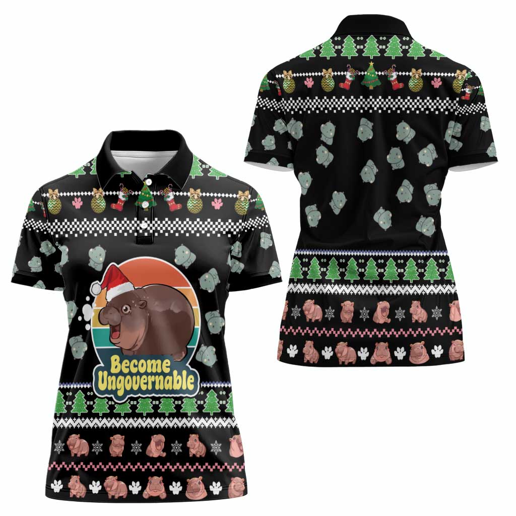 Christmas Become Ungovernable Moo Deng Women Polo Shirt Humor Cute Baby Hippo Joke - Wonder Print Shop