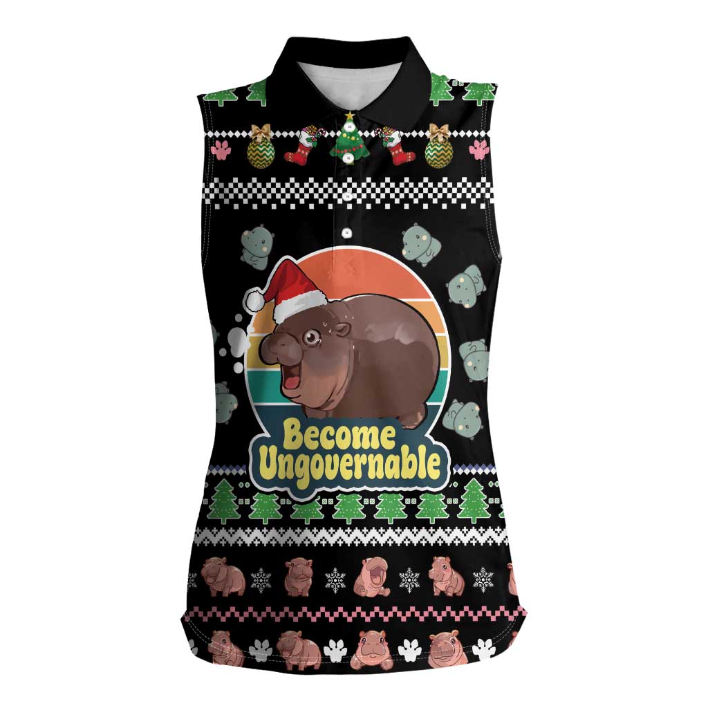 Christmas Become Ungovernable Moo Deng Women Sleeveless Polo Shirt Humor Cute Baby Hippo Joke - Wonder Print Shop