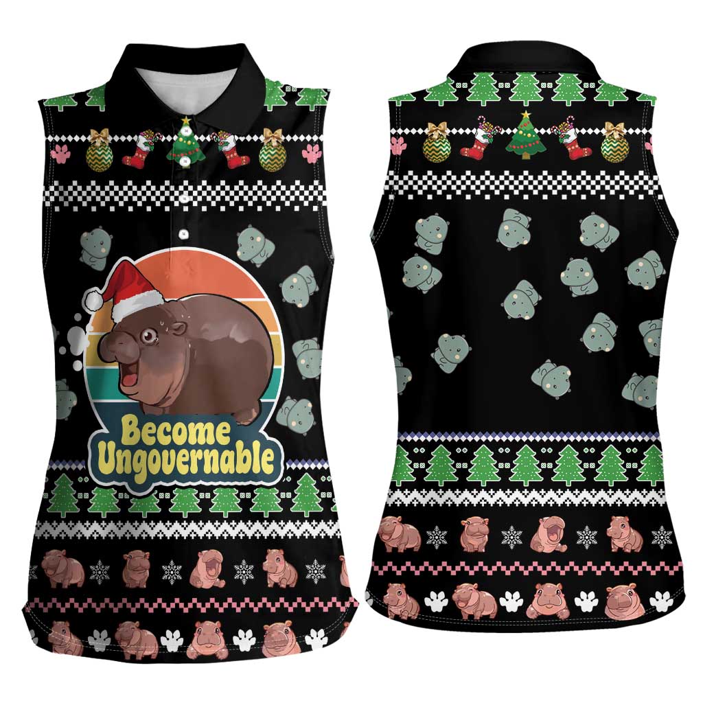Christmas Become Ungovernable Moo Deng Women Sleeveless Polo Shirt Humor Cute Baby Hippo Joke - Wonder Print Shop