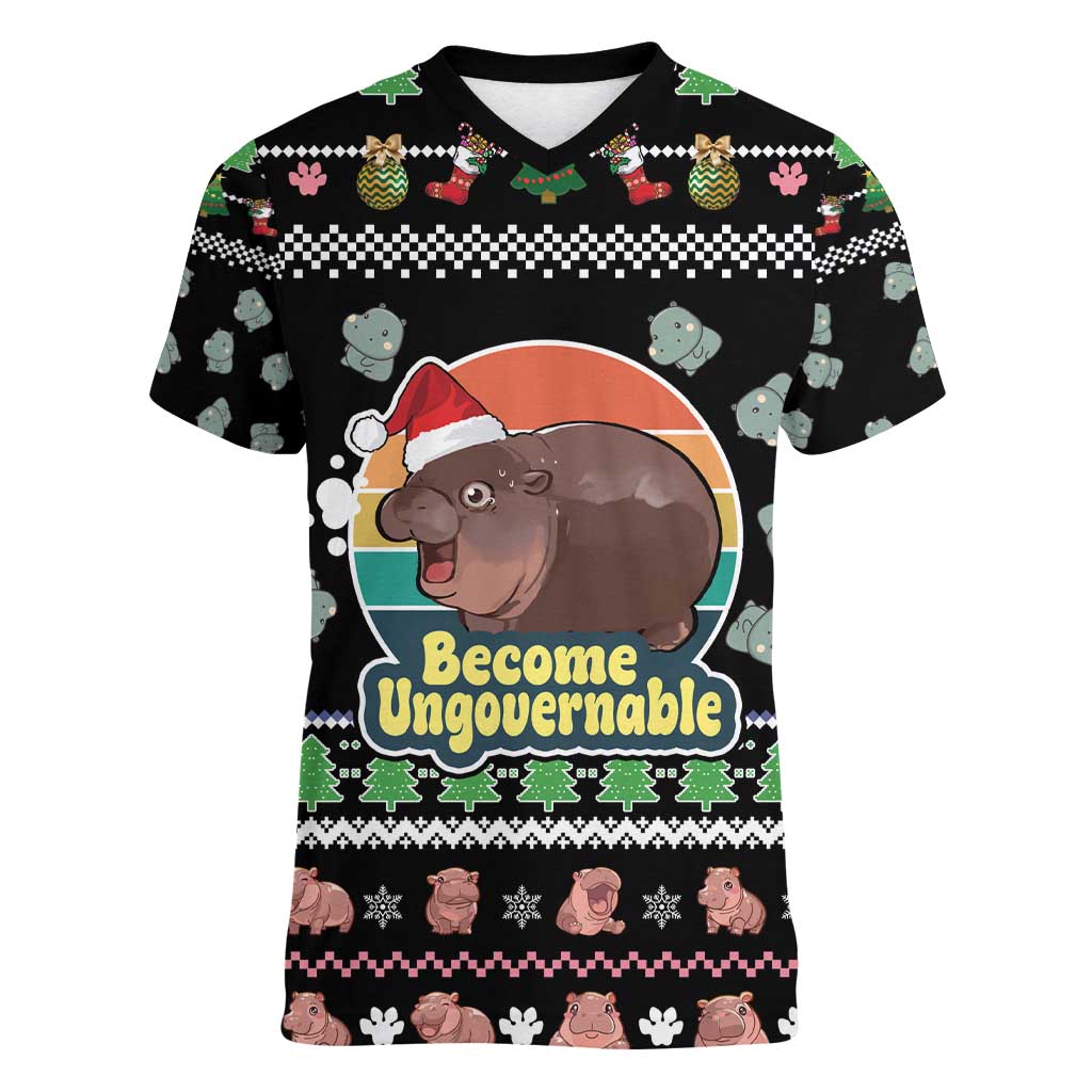 Christmas Become Ungovernable Moo Deng Women V-Neck T-Shirt Humor Cute Baby Hippo Joke - Wonder Print Shop