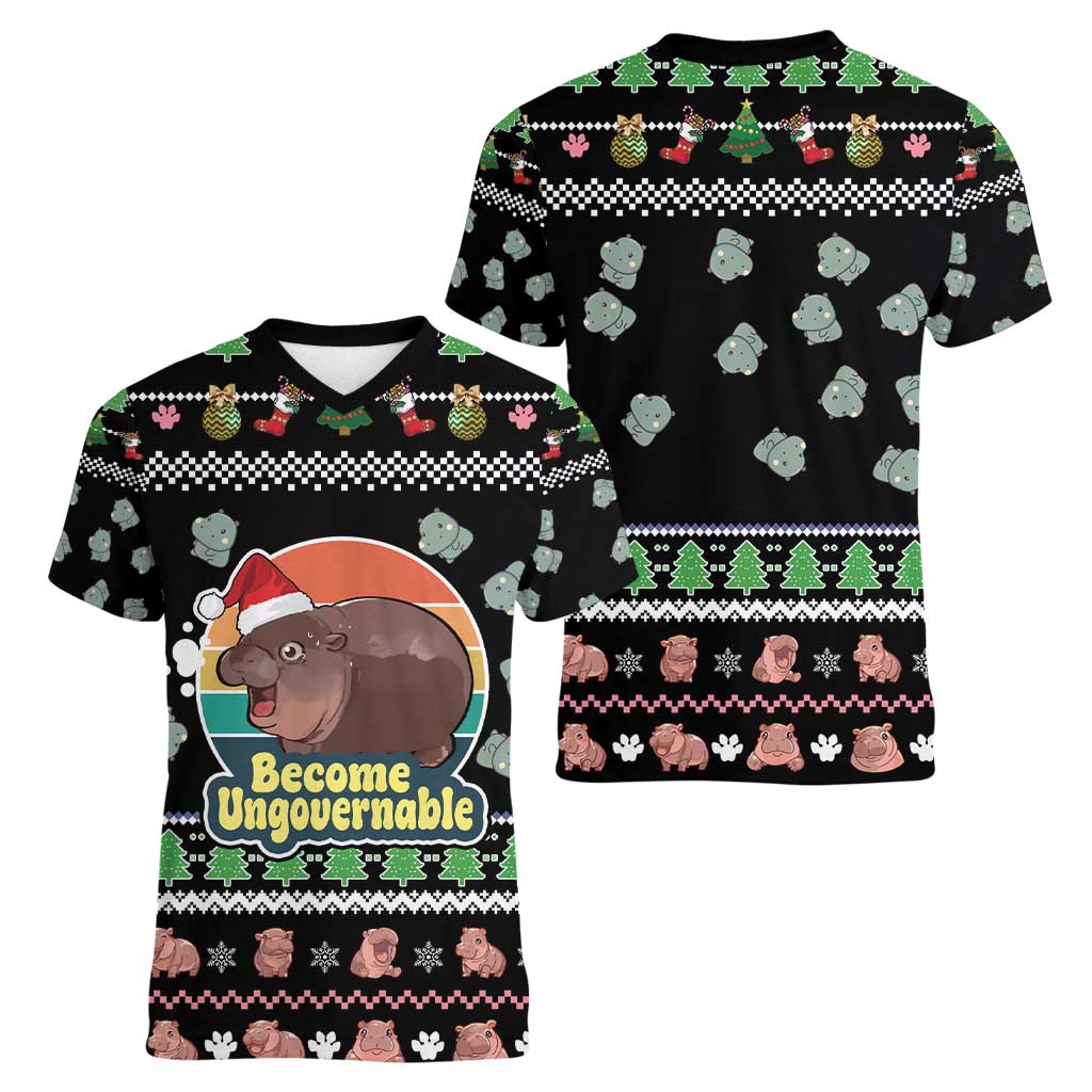 Christmas Become Ungovernable Moo Deng Women V-Neck T-Shirt Humor Cute Baby Hippo Joke - Wonder Print Shop