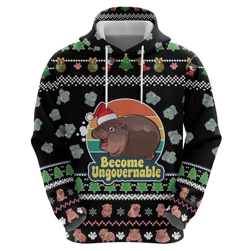 Christmas Become Ungovernable Moo Deng Zip Hoodie Humor Cute Baby Hippo Joke - Wonder Print Shop
