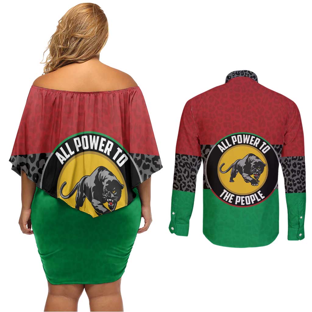Personalized Pan African Panther Couples Matching Off Shoulder Short Dress and Long Sleeve Button Shirt All Power To The People